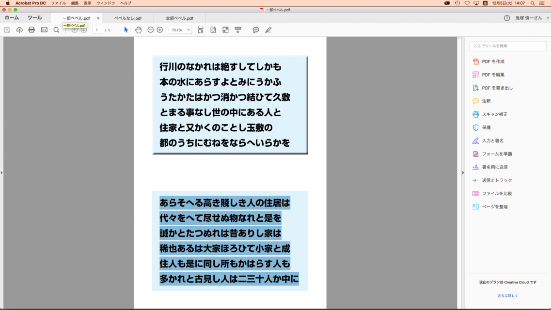 Adobe AcrobatでPDFを開いた画面。2つの矩形中にそれぞれ文字列があり、片方の矩形では、文字列が選択されているが、片方の矩形では文字列が選択されていない。