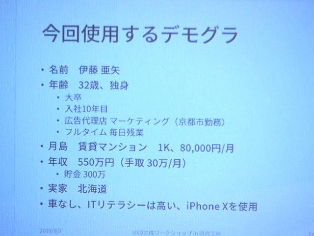 今回使用するデモグラ 名前 伊藤亜矢 年齢 32歳、独身 大卒、入社10年目、広告代理店マーケティング（京都市勤務）賃貸マンション 1K 80,000円/月 年収 550万円（手取り30万/月）貯金300万 実家 北海道 車なし、ITリテラシーは高い、iPhone Xを使用