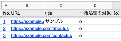「*URLs」シート。1列目は番号。2列目に「https://example.com」といったURLが記入してある。3列目は「一括処理の対象」として各行にoがある。
